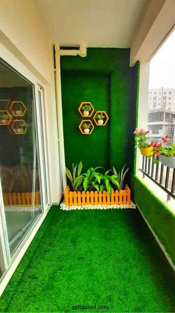 ایده بالکن با چمن مصنوعی: 25 طرح برای بالکن سبز، شاداب و کم‌هزینه + گل آپارتمانی
