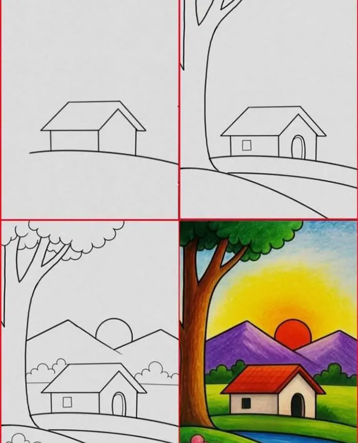 نقاشی طبیعت کودکانه | ۵۵ آموزش گامبهگام از آفتاب تا رنگین کمان زیبا؛ خلق مناظر شاد