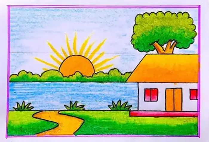 نقاشی طبیعت کودکانه | ۵۵ آموزش گامبهگام از آفتاب تا رنگین کمان زیبا؛ خلق مناظر شاد