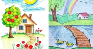 نقاشی طبیعت کودکانه | ۵۵ آموزش گام‌به‌گام از آفتاب تا رنگین کمان زیبا؛ خلق مناظر شاد