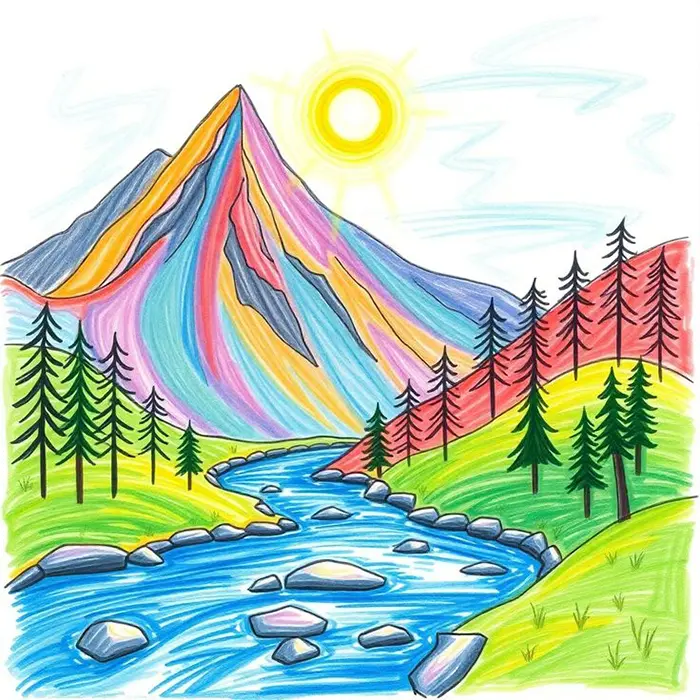 نقاشی طبیعت کودکانه | ۵۵ آموزش گامبهگام از آفتاب تا رنگین کمان زیبا؛ خلق مناظر شاد