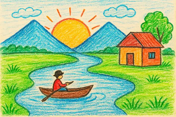 نقاشی طبیعت کودکانه | ۵۵ آموزش گامبهگام از آفتاب تا رنگین کمان زیبا؛ خلق مناظر شاد