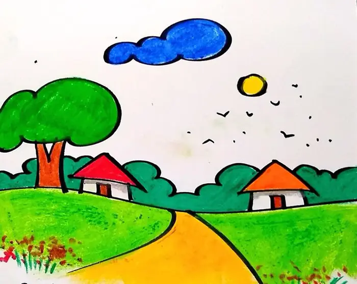 نقاشی طبیعت کودکانه | ۵۵ آموزش گامبهگام از آفتاب تا رنگین کمان زیبا؛ خلق مناظر شاد