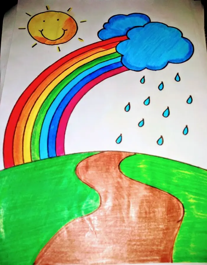 نقاشی طبیعت کودکانه | ۵۵ آموزش گامبهگام از آفتاب تا رنگین کمان زیبا؛ خلق مناظر شاد