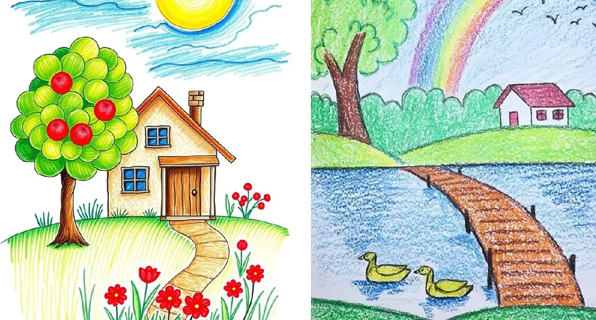 نقاشی طبیعت کودکانه | ۵۵ آموزش گامبهگام از آفتاب تا رنگین کمان زیبا؛ خلق مناظر شاد